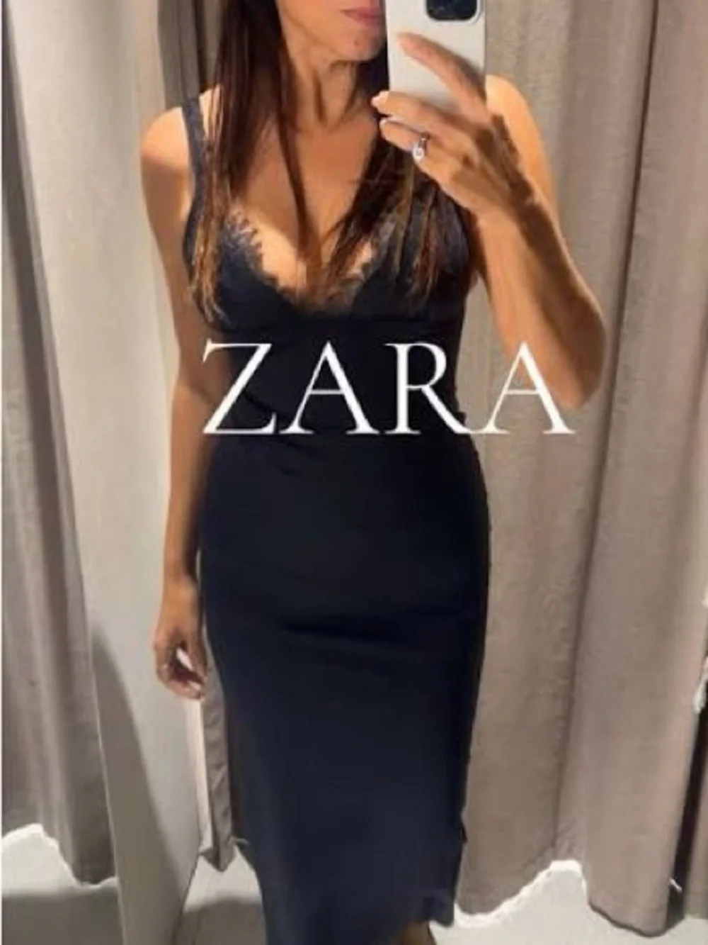 NWT Zara Black Lace V-Neck Slip Midi Dress Fitted Silhouette Night Out LBD Sz M - Picture 15 of 16